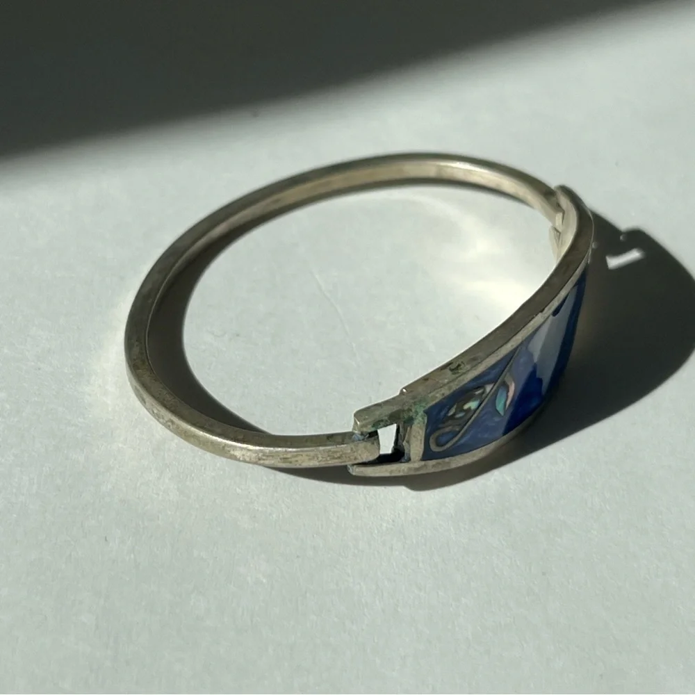 Vintage Alpaca Mexico Silver Abalone Inlay Hinge Bangle Bracelet - Picture 6 of 9